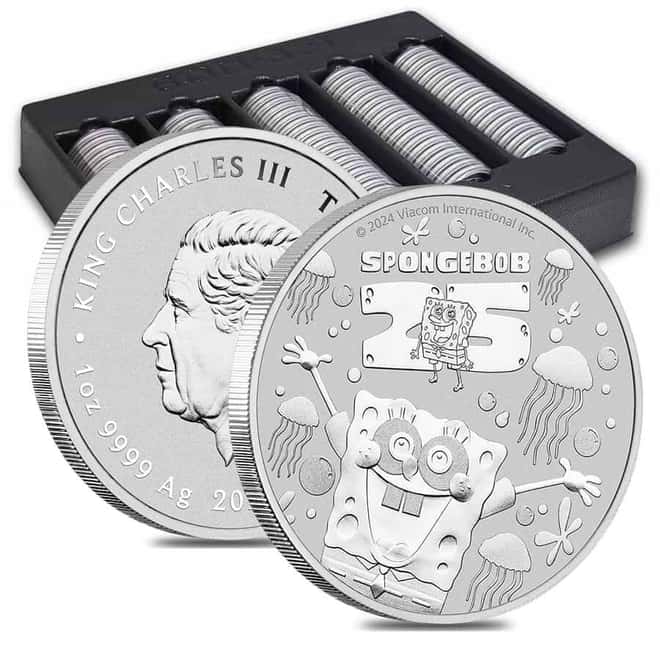 Box of 100 - 2024 1 oz Tuvalu SpongeBob SquarePants™ 25th Ann. Silver Coin BU