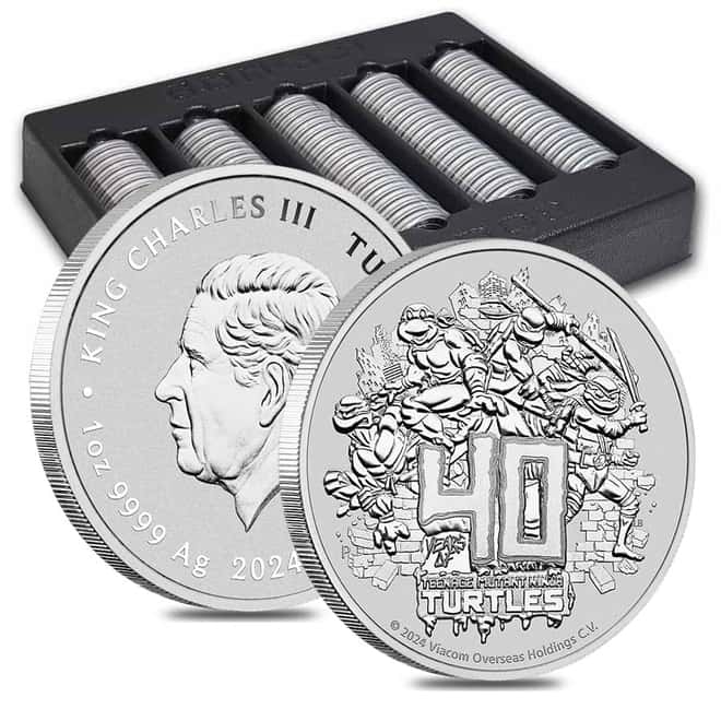 Box of 100 - 2024 1 oz Tuvalu Teenage Mutant Ninja Turtles™ 40th Ann. Silver Coin BU