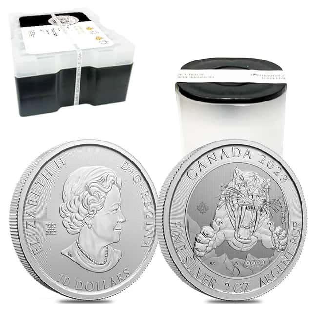 Roll of 14 - 2023 Canada 2 oz Smilodon Sabre-Tooth Cat Silver Coin BU