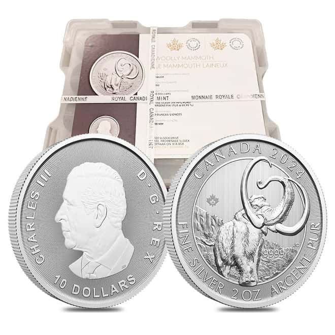 Tube of 14 - 2024 Canada 2 oz Ice Age Woolly Mammoth Silver Coin BU