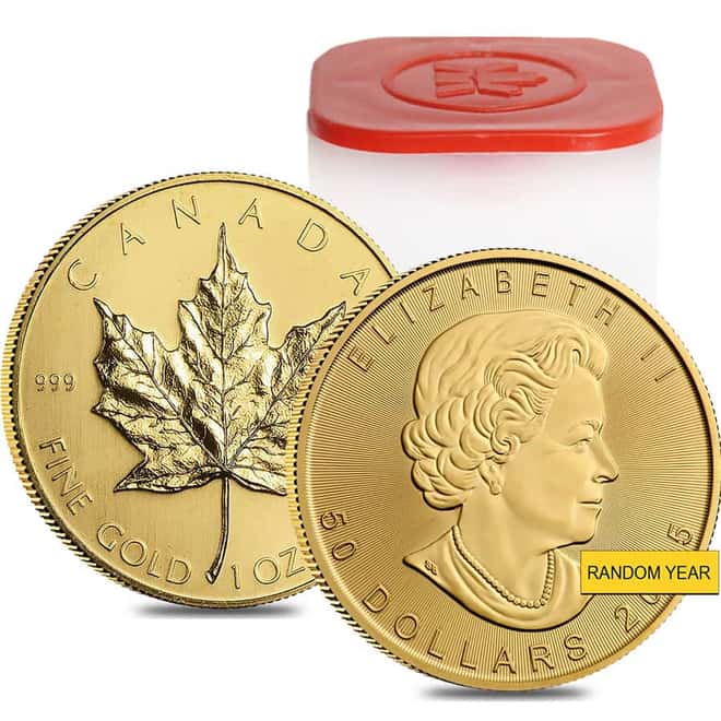 Roll of 10 - 1 oz Canadian Gold Maple Leaf $50 Coin (Random Year)
