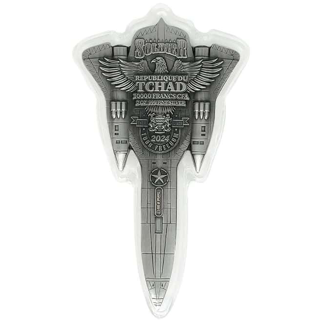 2024 Chad 2 oz Silver Fighter Jet Antiqued Shaped Coin .999 Fine