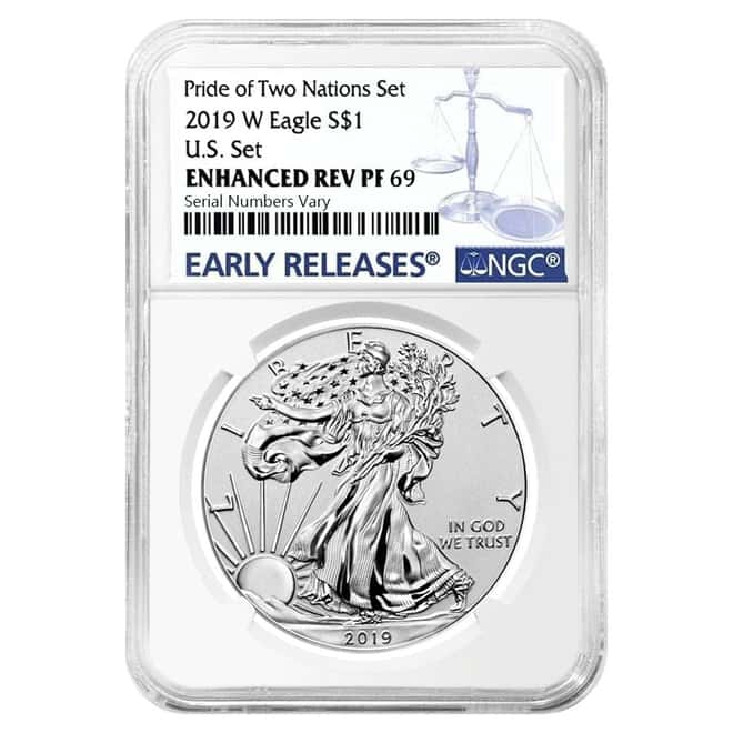 2019 W 1 oz Enhanced Rev. Proof Silver American Eagle NGC PF 69 ER (Pride of Two Nations)