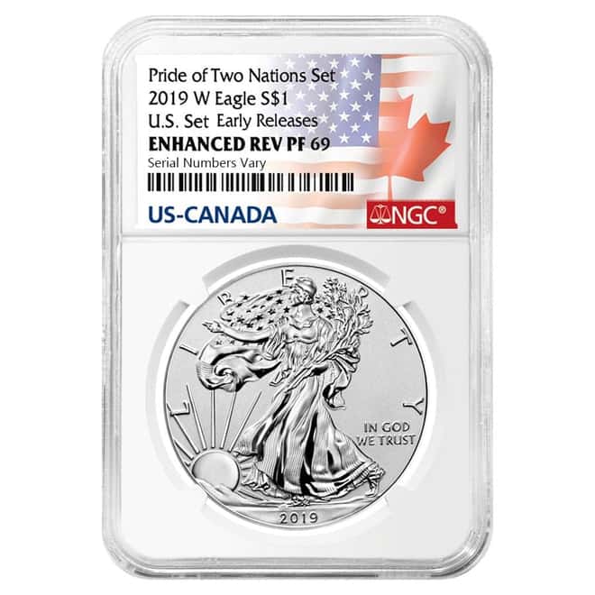 2019 W 1 oz Enhanced Rev. Proof Silver American Eagle NGC PF 69 ER (Two Flags Label, Pride of Two Nations)