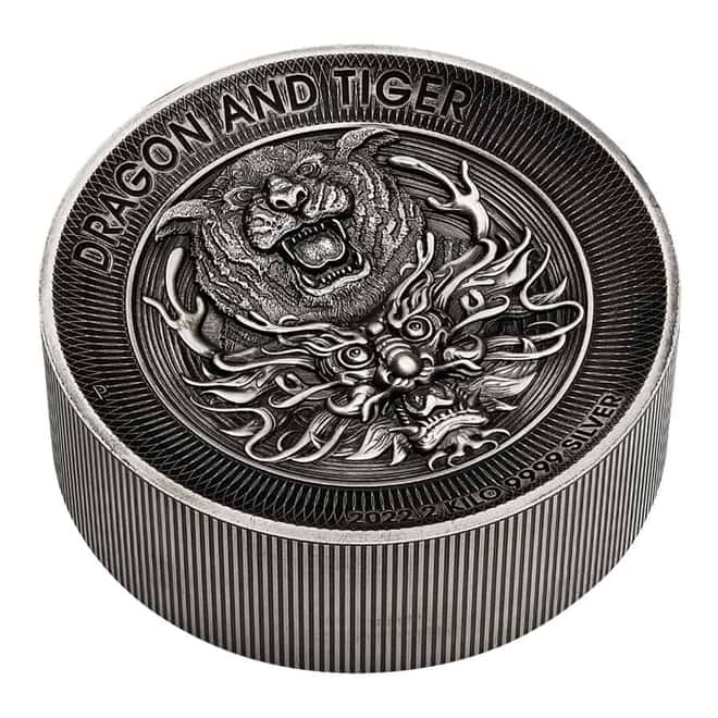 2022 2 Kilo Silver Dragon and Tiger Antiqued High Relief Coin Australian Perth Mint (w/Box & COA)