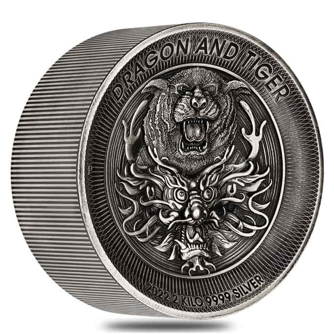 2022 2 Kilo Silver Dragon and Tiger Antiqued High Relief Coin Australian Perth Mint (w/Box & COA)