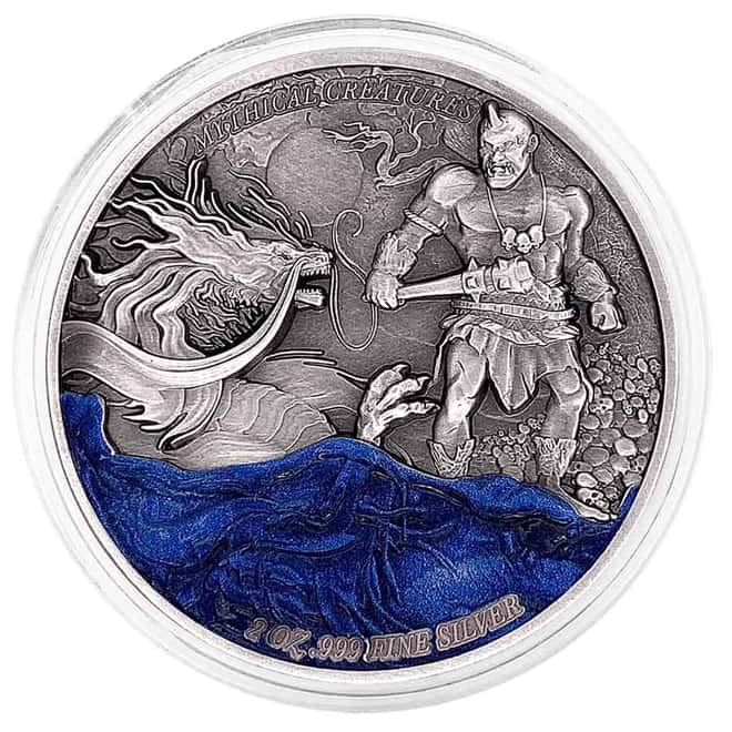 2023 Chad 2 oz Silver Dragon and Cyclops - Mythical Creatures Coin Serial #9 Antiqued High Relief (w/Box)