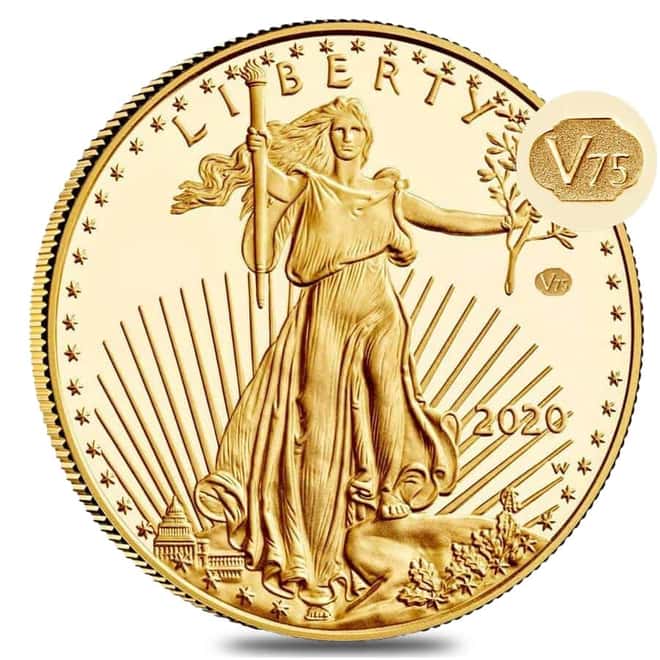 2020-W V75 Privy 1 oz Proof Gold American Eagle End of WWII 75th Anniv (w/Box & COA)
