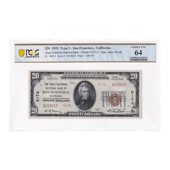 1929 $20 Type 2 San Francisco Anglo California National Bank Currency Note PCGS UNC 64