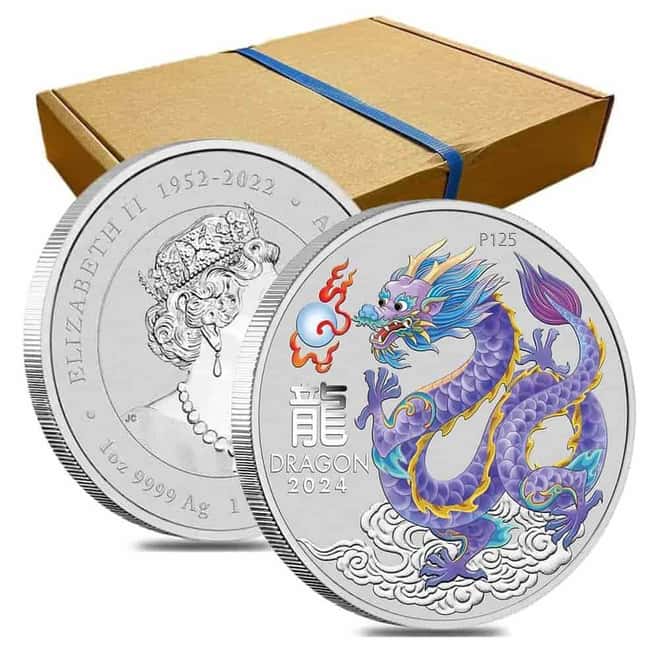 2024 1 oz Colorized Lunar Lilac Dragon Silver Coin BU Perth Mint
