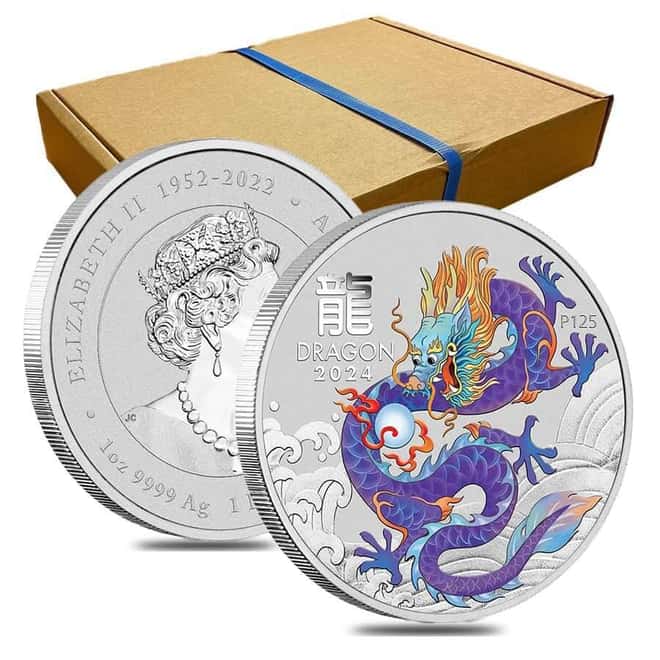 Box of 100 - 2024 1 oz Colorized Lunar Purple Dragon Silver Coin BU Perth Mint