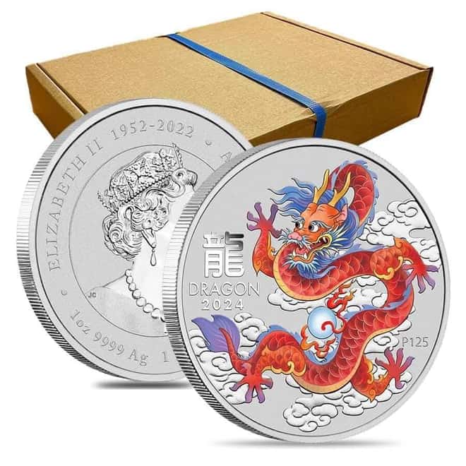 Box of 100 - 2024 1 oz Colorized Lunar Red Dragon Silver Coin BU Perth Mint