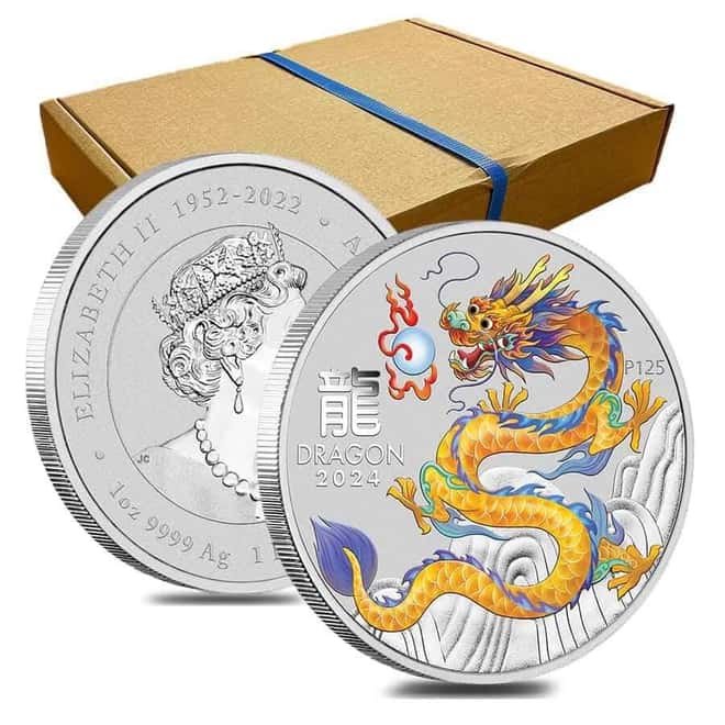 Roll of 20 - 2024 1 oz Colorized Lunar Yellow Dragon Silver Coin BU Perth Mint