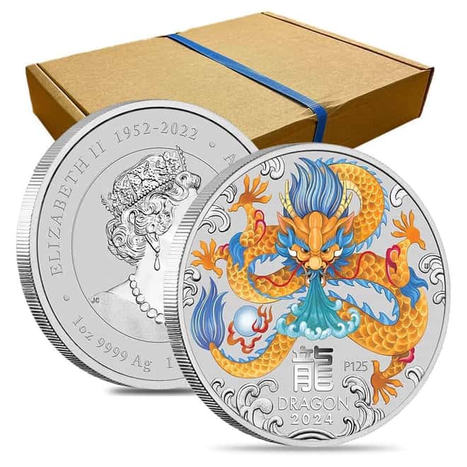 Box of 100 - 2024 1 oz Colorized Silver Lunar Dragon BU Perth Mint