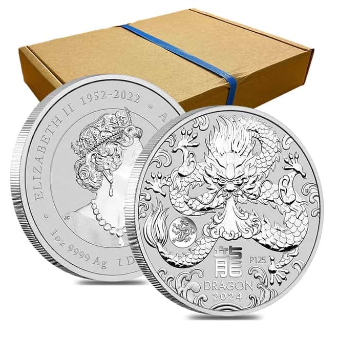Box of 100 - 2024 1 oz Silver Lunar Dragon with Dragon Privy BU Perth Mint