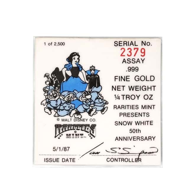 1/4 oz Proof Gold Snow White Disney Round (w/Box & COA)