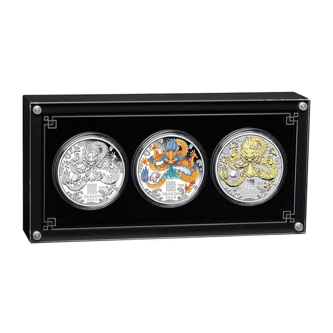 2024 3 oz Silver Lunar Dragon 3-Coin Set Perth Mint