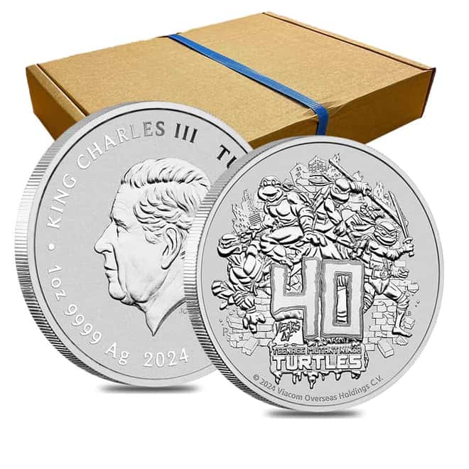 Box of 100 - 2024 1 oz Tuvalu Teenage Mutant Ninja Turtles™ 40th Ann. Silver Coin BU