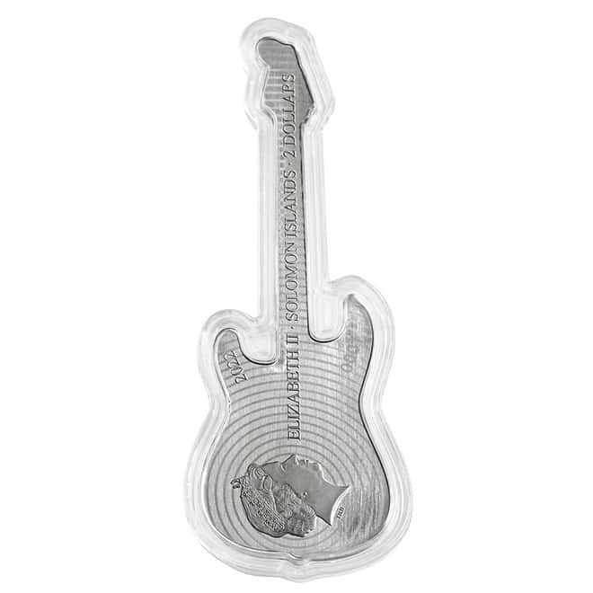 2022 1 oz Silver Fender Stratocaster Fiesta Red Guitar Shaped Coin Solomon Islands .9999 Fine (w/Box)