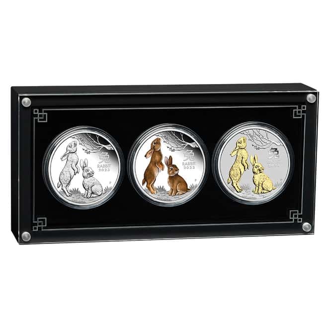 2023 3 oz Silver Lunar Year of The Rabbit 3-Coin Set Australian Perth Mint (w/Box & COA)