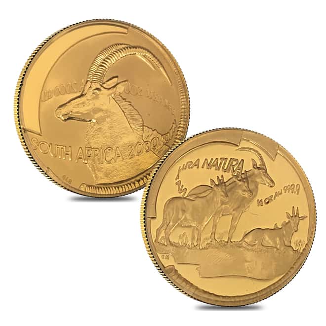 1999/2000 1 oz Proof Gold South Africa Natura Kudu and Sable 2-coin Set .9999 Fine (w/Box & COA, Silver Figurines)