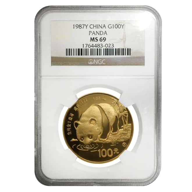 1987 Y 1 oz Chinese Gold Panda 100 Yuan Coin NGC MS 69