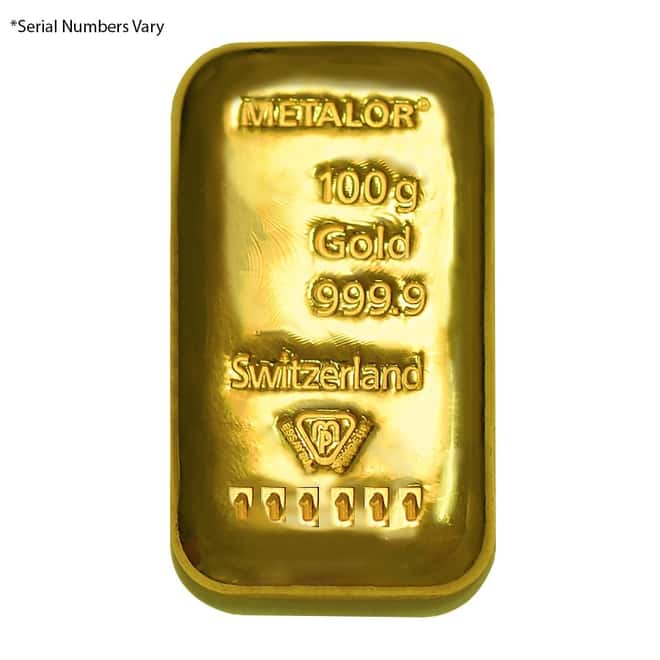 100 Gram Metalor Gold Bar .9999 Fine (Cast, w/Assay)