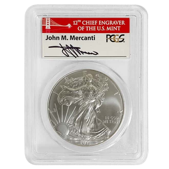 2012 (S) 1 oz Silver American Eagle $1 Coin PCGS MS 70 FS (John Mercanti Sign)