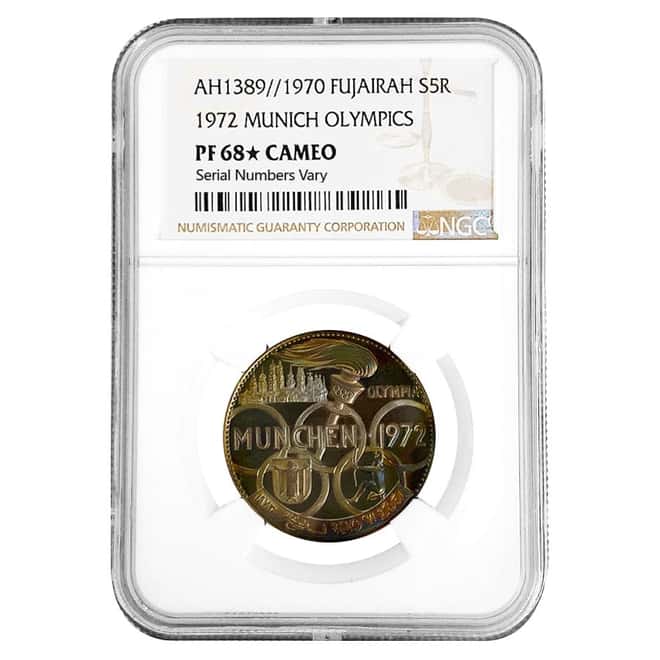 1970 (SH 1389) Fujairah UAE 5 Riyals Munich Olympics Silver Coin NGC PF 68* Cameo