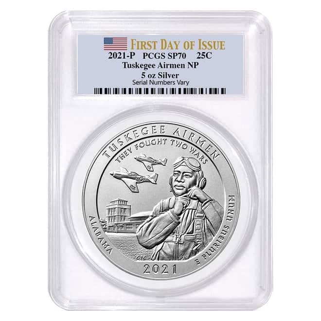 2021-P 5 oz Silver ATB Alabama Tuskegee Airmen National Historic Site Coin PCGS SP 70 FDOI