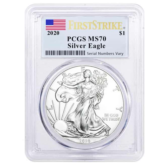 2020 1 oz Silver American Eagle $1 Coin PCGS MS 70 First Strike (Flag Label)
