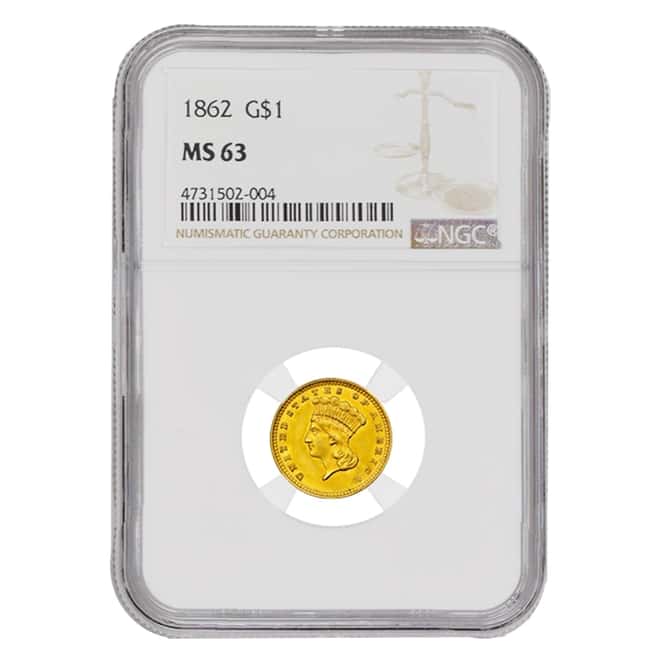1862 $1 Gold Indian Princess Head Type 3 NGC MS 63
