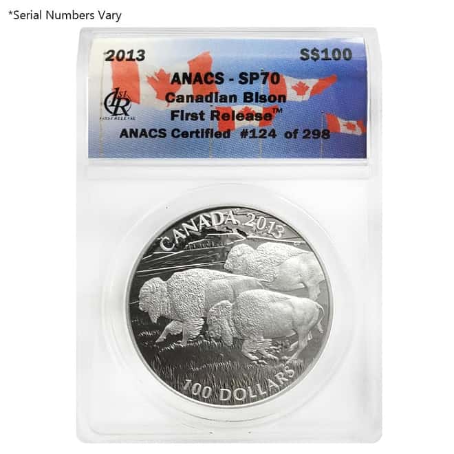 2013 1 oz Silver Canadian Bison Stampede Matte Proof $100 Coin ANACS SP 70 First Release
