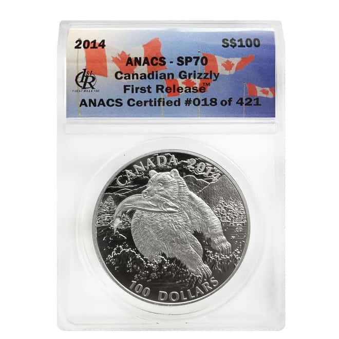 2014 1 oz Silver Canadian Grizzly Bear Matte Proof $100 Coin ANACS SP 70 First Release