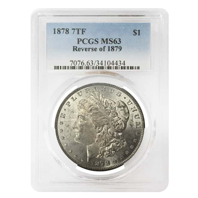 1878 Silver Morgan Dollar 7 Tailfeathers Reverse of 79 PCGS MS 63