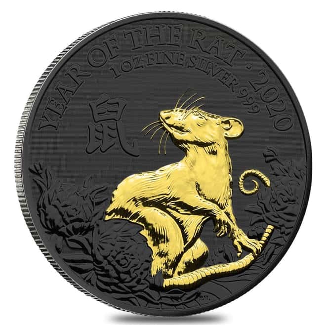 2020 Great Britain 1 oz Silver Year of the Mouse / Rat Coin .999 Fine Black Ruthenium 24K Gold Edition (w/Box & COA)