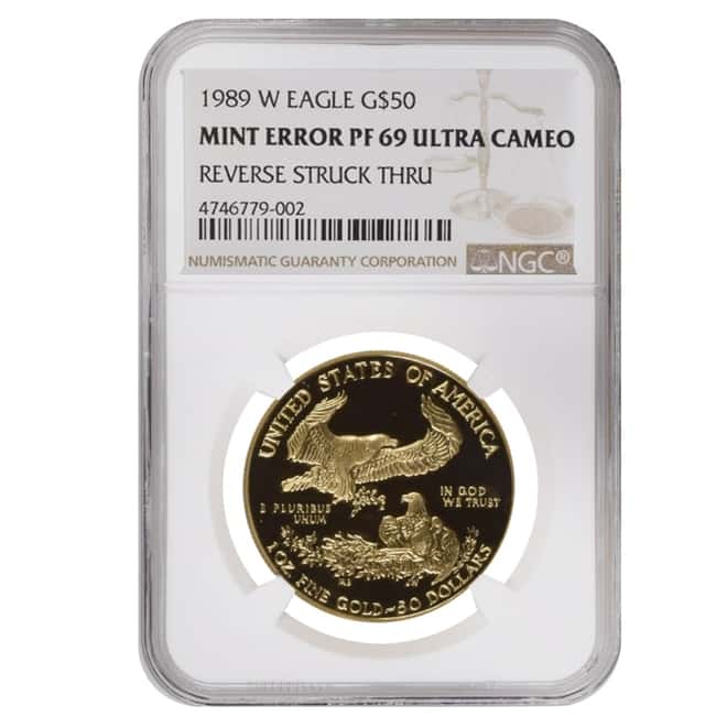 1989 W 1 oz $50 Proof Gold American Eagle NGC PF 69 UCAM Mint Error (Rev Struck Thru)