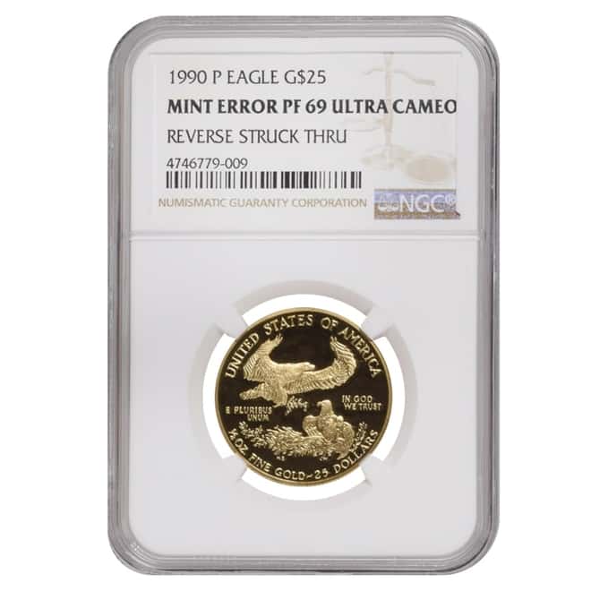 1990 P 1/2 oz $25 Proof Gold American Eagle NGC PF 69 UCAM Mint Error (Rev Struck Thru)
