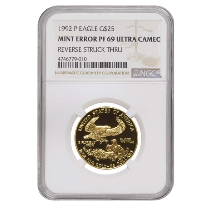 1992 P 1/2 oz $25 Proof Gold American Eagle NGC PF 69 UCAM Mint Error (Rev Struck Thru)