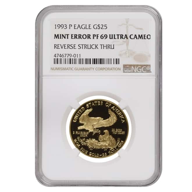 1993 P 1/2 oz $25 Proof Gold American Eagle NGC PF 69 UCAM Mint Error (Rev Struck Thru)