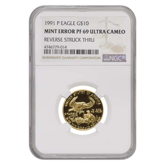 1991 P 1/4 oz $10 Proof Gold American Eagle NGC PF 69 UCAM Mint Error (Rev Struck Thru)
