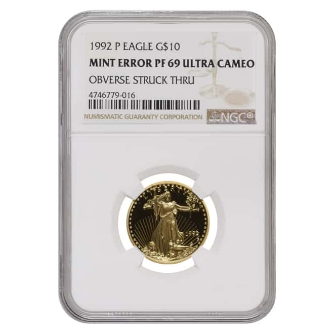 1992 P 1/4 oz $10 Proof Gold American Eagle NGC PF 69 UCAM Mint Error (Obv Struck Thru)