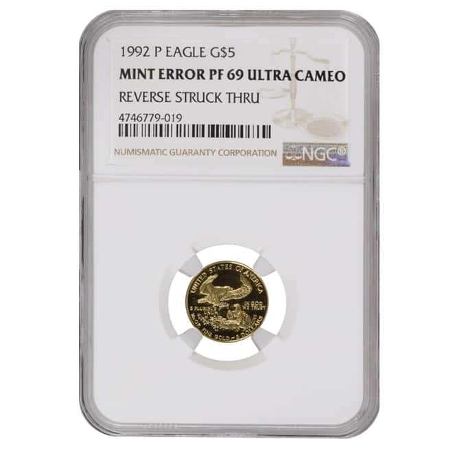 1992 P 1/10 oz $5 Proof Gold American Eagle NGC PF 69 UCAM Mint Error (Rev Struck Thru)