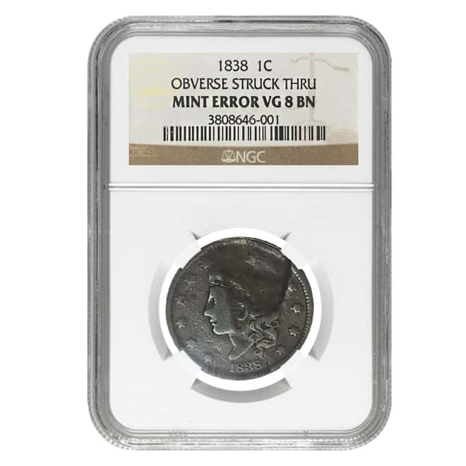 1838 Coronet Head Large Cent NGC VG 8 BN Mint Error (Obv Struck Thru)