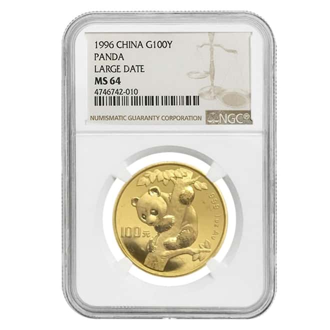 1996 1 oz Chinese Gold Panda 100 Yuan Large Date NGC MS 64