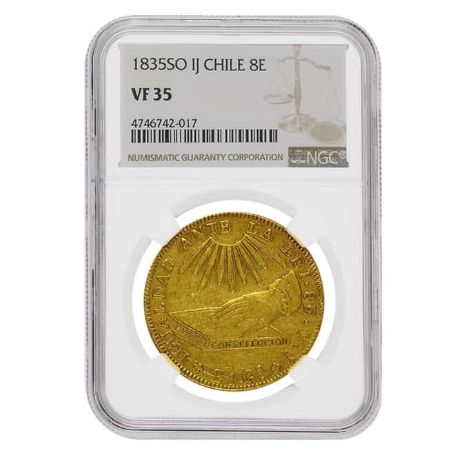 1835 IJ Chile 8 Escudos Gold Coin AGW 0.7596 oz NGC VF 35