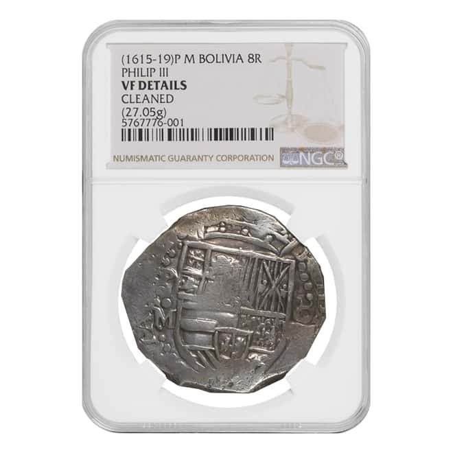 1615-19 P M Colonial Bolivia Philip III 8 Real Silver Coin NGC VF Details