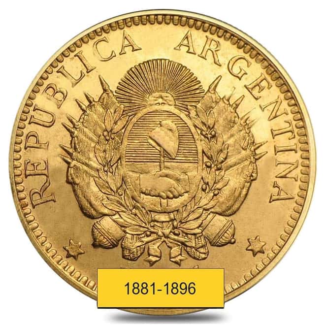 5 Pesos Argentina Gold Coin AU/BU AGW .2334 oz (Random Year, 1881 - 1896)