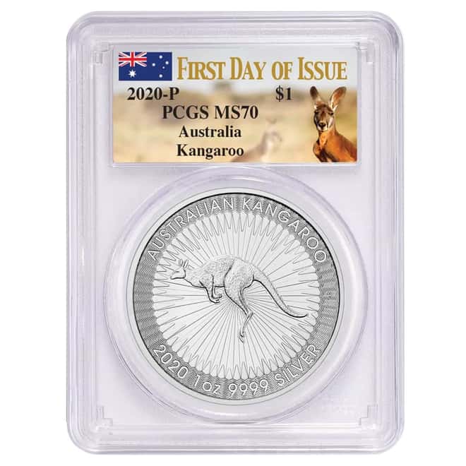 2020 1 oz Australian Silver Kangaroo Perth Mint PCGS MS 70 FDOI (Kangaroo Label)
