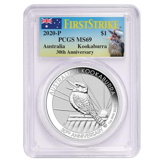 2020 1 oz Silver Australian Kookaburra Perth Mint PCGS MS 69 FS (30th Ann. Kookaburra Label)
